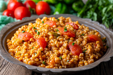 Traditional turkish bulgur pilaf with tomato sause in plate (Turkish name; meyhane pilavi)