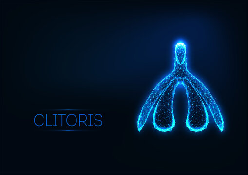 Futuristic glowing low polygonal female organ clitoris isolated on dark blue