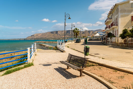 Waterfront promenade of seaside resort Trappeto at a sunny day, province of Palermo, Sicily, Italy
