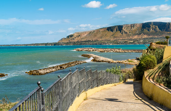 Waterfront promenade of seaside resort Trappeto at a sunny day, province of Palermo, Sicily, Italy