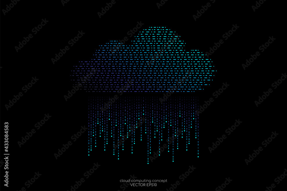 Poster Cloud computing technology concept by binary dots blue green light lines pattern cloud shape and rain drop isolated on black background.