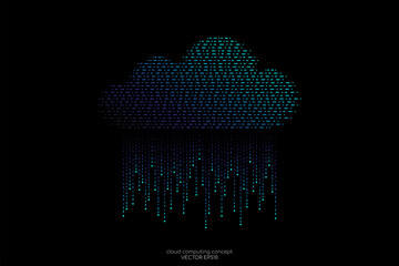 Cloud computing technology concept by binary dots blue green light lines pattern cloud shape and rain drop isolated on black background.