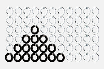 Abstract figure representing an information and data analysis chart, formed by photographs of metal washers, created by photo composition, on a white background. Represents growth.