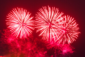 Bright magenta fireworks against the dark night sky in the smoke.