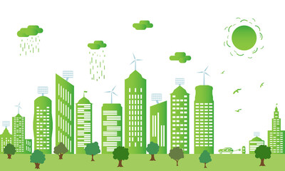Ecological city and environment conservation. Green city silhouette with trees, wind energy and solar panels. Concept of environment conservation.