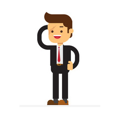 businessman standing looking ahead into the distance with hand over his eyes