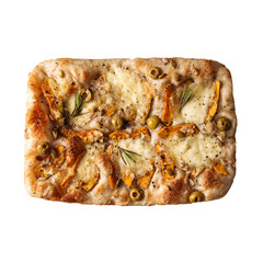 Isolated italian focaccia bread with olives and carrot