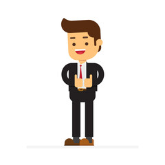 Standing business man showing thumbs up gesture sign with both hands