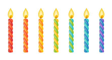 Birthday cake candles with flame. Twisted wax sticks with burning wick isolated on white background. Vector cartoon set of colored striped candles for holiday party or christmas celebration