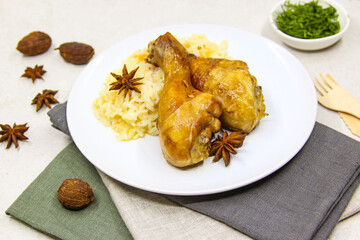 Appetizer chicken biryani in plate on white background. Traditional Indian food.