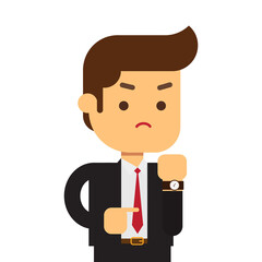 Pointing at his wrist watch and showing that employee is late