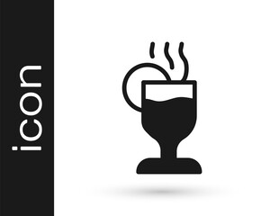 Black Mulled wine with glass of drink and ingredients icon isolated on white background. Cinnamon stick, clove, lemon slice. Vector