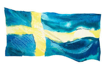 Sweden, Swedish flag. Hand drawn watercolor illustration.