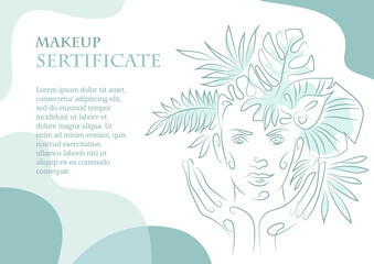 Girl face make-up certificate template with tropical leaves line pattern. A bouquet of leaves in a woman's head. Natural cosmetic. Minimalistic hand draw artwork