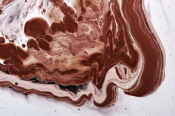 Acrylic Fluid Art. Brown waves and stains on white flowing paint. Abstract marble background or texture