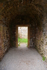 Passage hall with vaulted ceiling with door of an old ruined castle from the Middle Ages