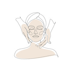 Woman face massage. Drawn with one line. Front view.