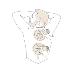 Massage with herbal bags. Drawn with one line. View from above.