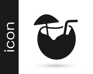 Black Coconut juice exotic fresh cocktail and umbrella icon isolated on white background. Vector