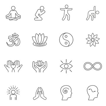 Yoga and Meditation Practice Vector Line Icons Set. Relaxation, Inner Concentration, Inner Peace. Outline symbol collection. Web Design, Mobile App. Eps10