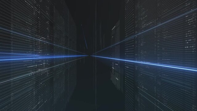 Movement through digital walls of code abstract internet connection lines. Modern computer architecture background animation