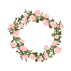 A wreath of peonies. Round frame, pink cute flowers and leaves. Spring pink blooming composition with buds. Holiday decorations for wedding, holiday, postcard, poster and design