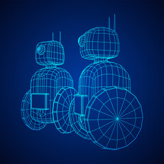 Robot Promoter LCD Screen on two wheels. Ad promo bot. Wireframe low poly mesh vector illustration