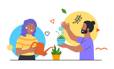 Couple caring for plants. Plants growing in pots