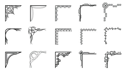 Set Hand Draw Of Corners Different Shapes Flower Decoration Vector Design Doodle Sketch Style For Wedding And Banner