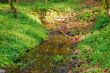 small dam wall made of bricks for a forest stream surrounded by green overgrown banks in summer with sunlight and shade