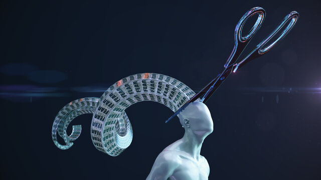 Gesichtslose Person mit visualisiertem Gedanken "FEAR" - von Schere beschnitten, beleuchtet vor dunklem Hintergrund | 3D Render Illustration