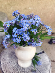 Beautiful Wild Spring Blue Flowers  in a Small  White Marble Vase 