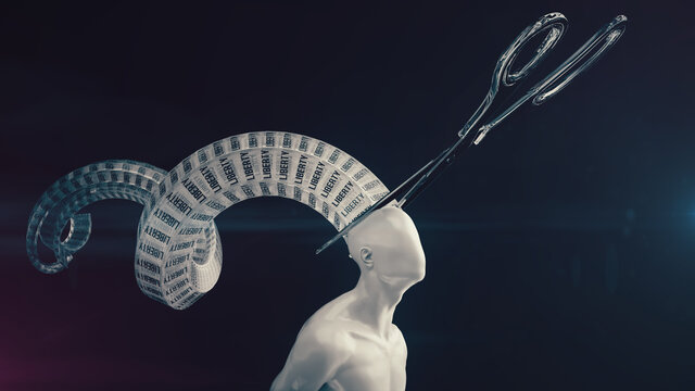 Gesichtslose Person mit visualisiertem Gedanken "LIBERTY" von Schere beschnitten - Konzeptuell: Bedrohung von Sehnsucht, Freiheit & Identität | 3D Render Illustration