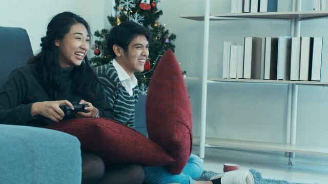 Couples play fun in the winter home