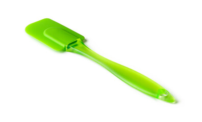Side view of green silicone spatula isolated on white backgrounds. New cooking rubber spatula with plastic handle. Modern heat resistant kitchenware tool device. Full Depth of Field.
