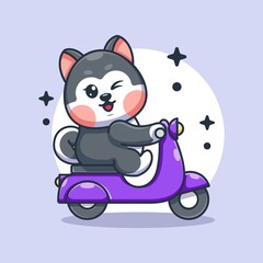 Cute husky dog riding scooter cartoon