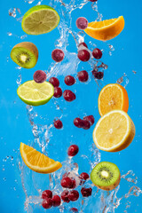 Fototapeta na wymiar Falling fresh mixed fruits. Slices of the lemon, orange, lime, kiwi and cherry with fresh water in the air. Flying fruits concept.