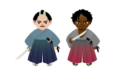 samurai Japanese and Black SD character wearing kimono