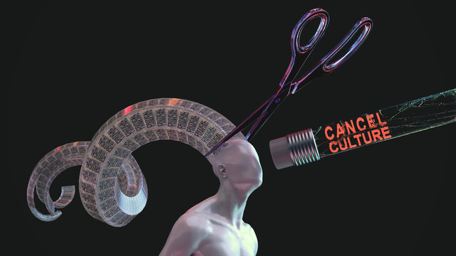 CANCEL CULTURE [konzeptionell] Angriff auf Meinungsfreiheit, kritisches Denken und Identit&auml;t durch Zensur [Schere] und L&ouml;schkultur | 3D Render Illustration