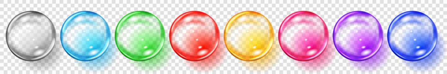 Set of translucent colored spheres with glares and shadows on transparent background. Transparency only in vector format