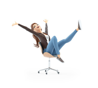 3d successful cartoon woman in office chair