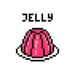 Red strawberry jelly served on a plate, pixel art illustration isolated on white background. Fresh homemade gelatin berry dessert. Wedding, birthday party treat. Healthy sweet gummy marmalade pudding.