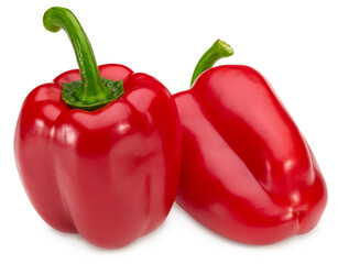 two red sweet bell peppers isolated on white background. clipping path