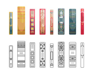 A set of outline and flat spines of books in retro style, classic editions.