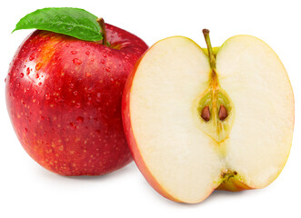 red apples with green leaf and half isolated on white background. clipping path