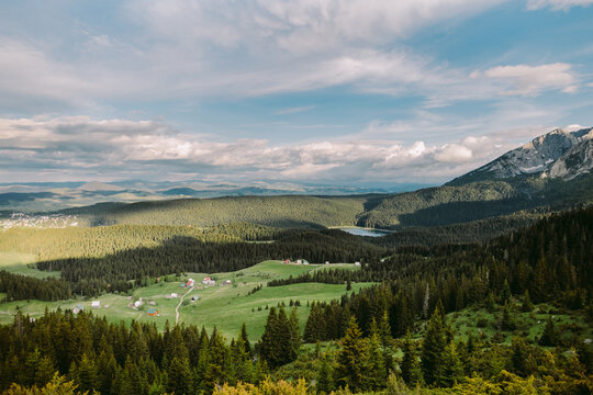 mountain village countryside in Montenegro. Beautiful view on Zabljak town. 