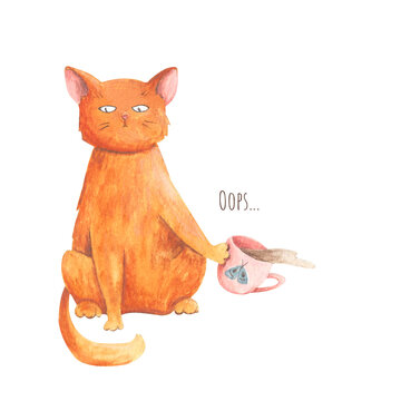 Watercolor hand-drawn isolated illustration. Red funny cat