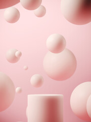 Minimal mockup concept for product presentation. Pink podium on pink spheres background. Clipping path of each element included. 3d rendering illustration. 