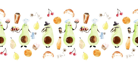 A set of watercolor seamless borders with avocado characters