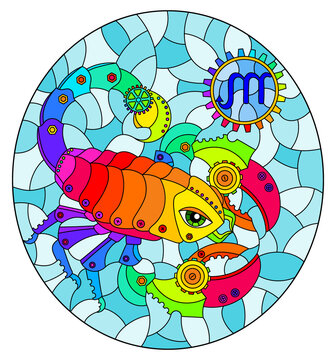 Illustration in the style of a stained glass window with an illustration of the steam punk sign of the horoscope scorpio, oval image